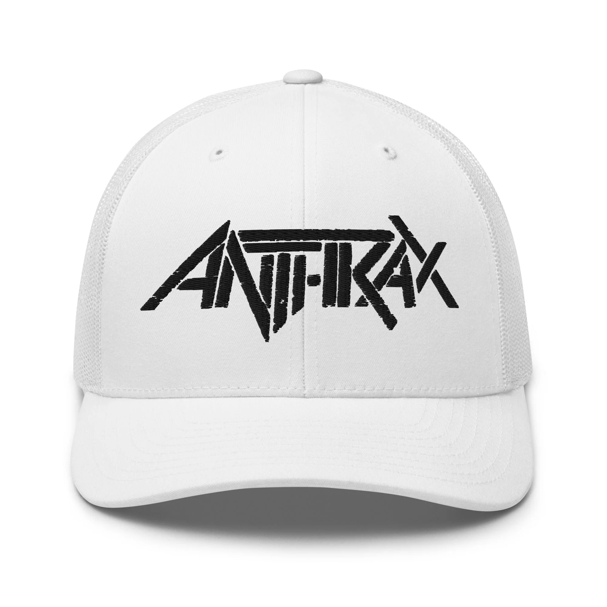 Anthrax - Black on White Trucker HD Embroidered Hat - Image 2