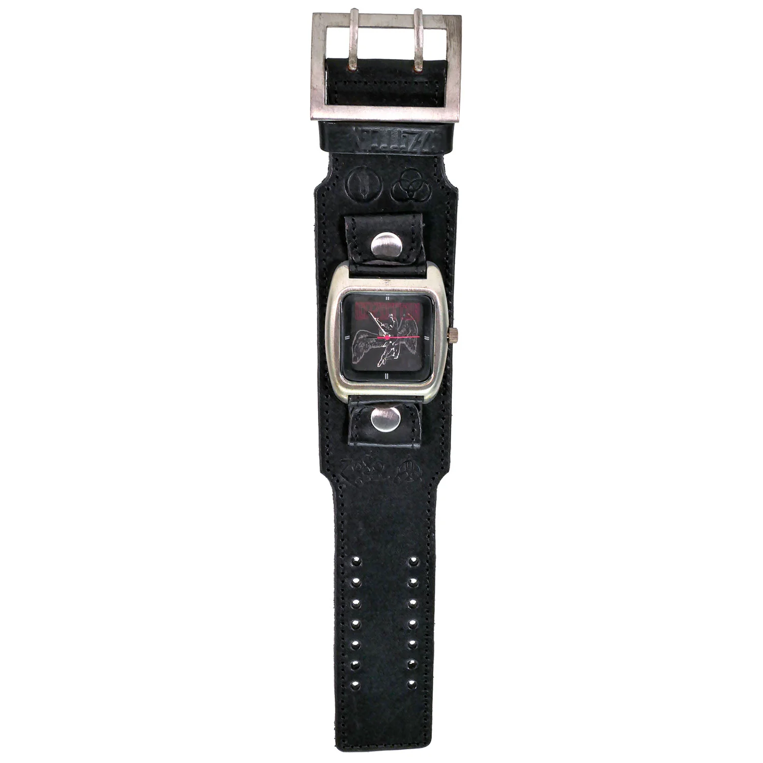 Leather Band Wrist Watch Triple Wide Silver Rings