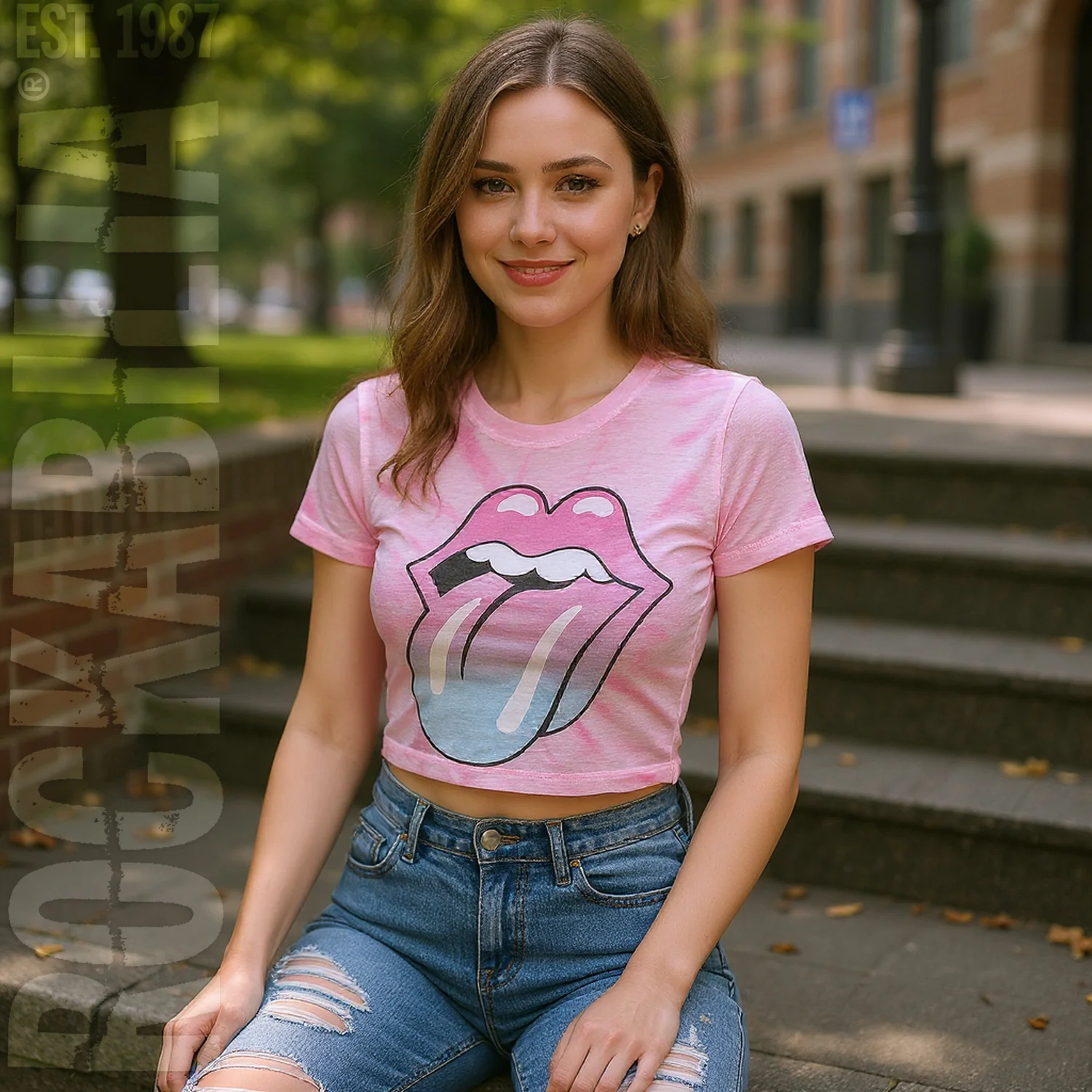 Pink Gradient Tongue Ladies Mesh Crop Top Junior Top - Image 3